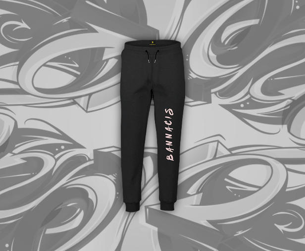 black joggers, pink Bannacis text