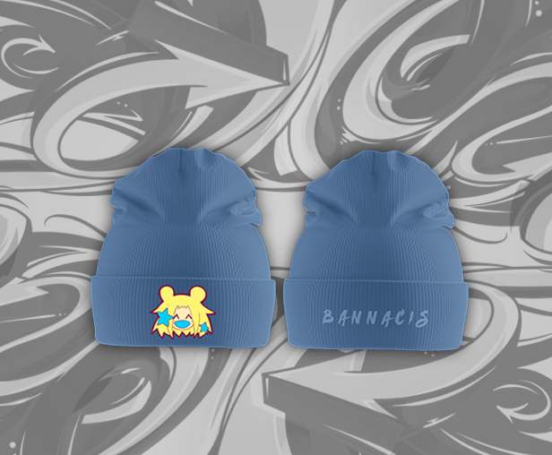 blue beanie hat with cartoon girl on it