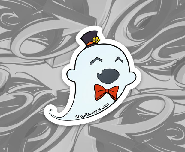 sticker of a ghost with a tophat and bowtie